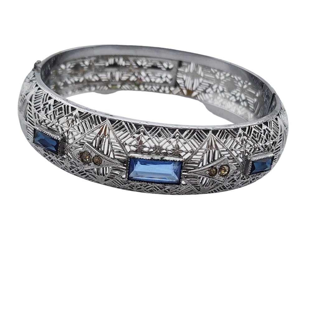 Antique Edwardian Curved Elaborate Filigree Rhodium Plate Bangle Marked Ct